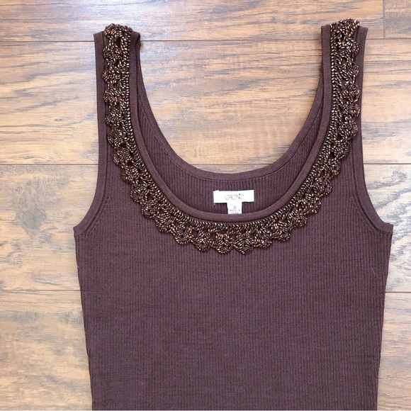 Cache • brown beaded sweater tank knit ribbed embellished lace crochet scoop - Picture 2 of 6